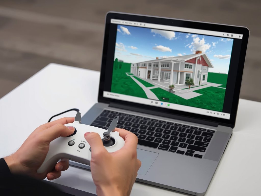 A person operating a drone controller, with a laptop displaying