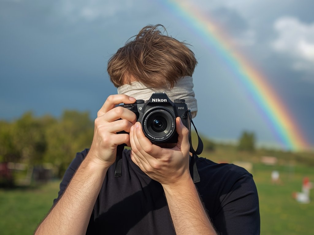A person wearing a blindfold, holding a camera, about to