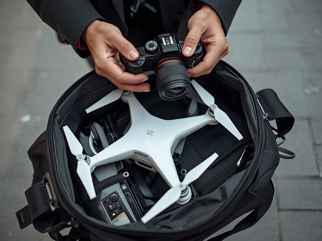 A photographer effortlessly packing a compact drone into a stylish