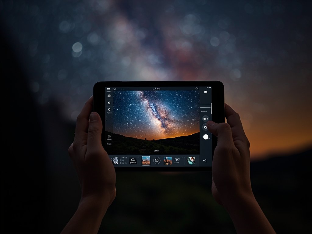 A photographer's hand adjusting drone settings on a tablet, with