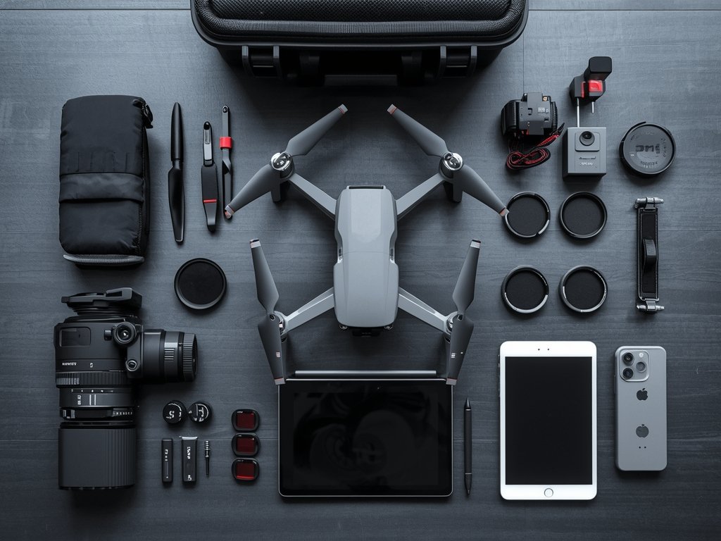 A photographer's kit laid out on a table, featuring a