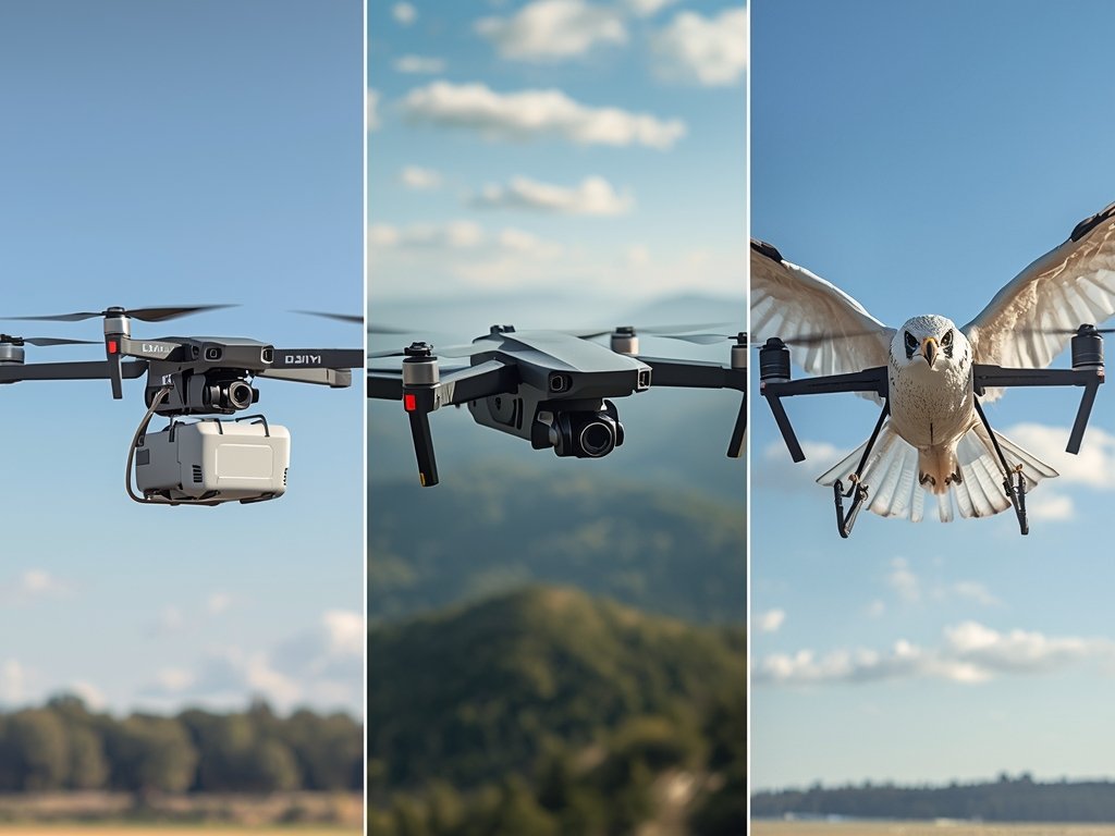 A photorealistic comparison image of three top delivery drones (e.g.,