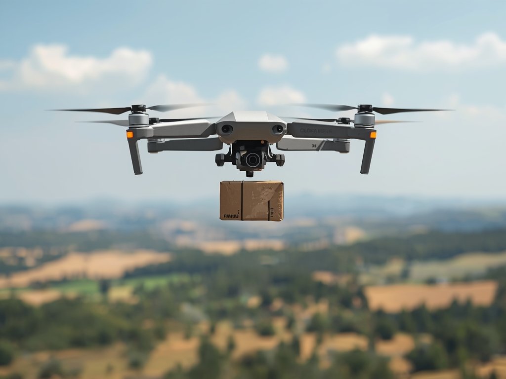 A photorealistic image of a cargo drone in flight, carrying