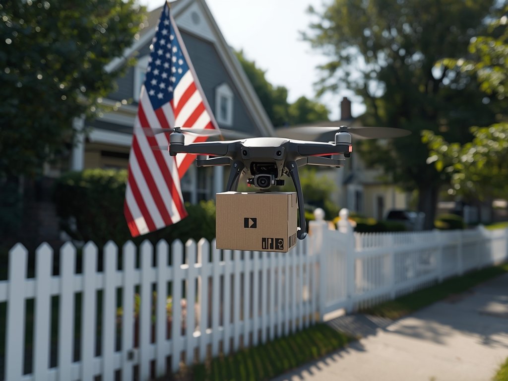 A photorealistic image of a commercial drone delivering a package