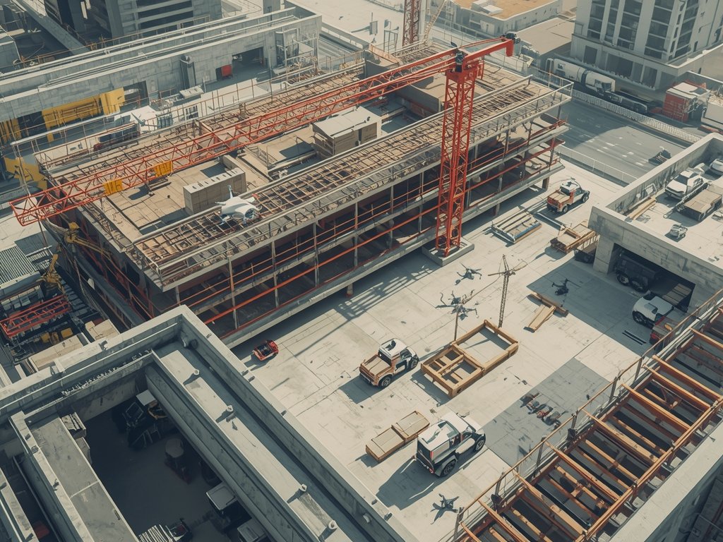 A photorealistic image of a construction site with drones surveying
