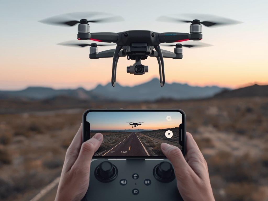 A photorealistic image of a drone pilot using a smartphone