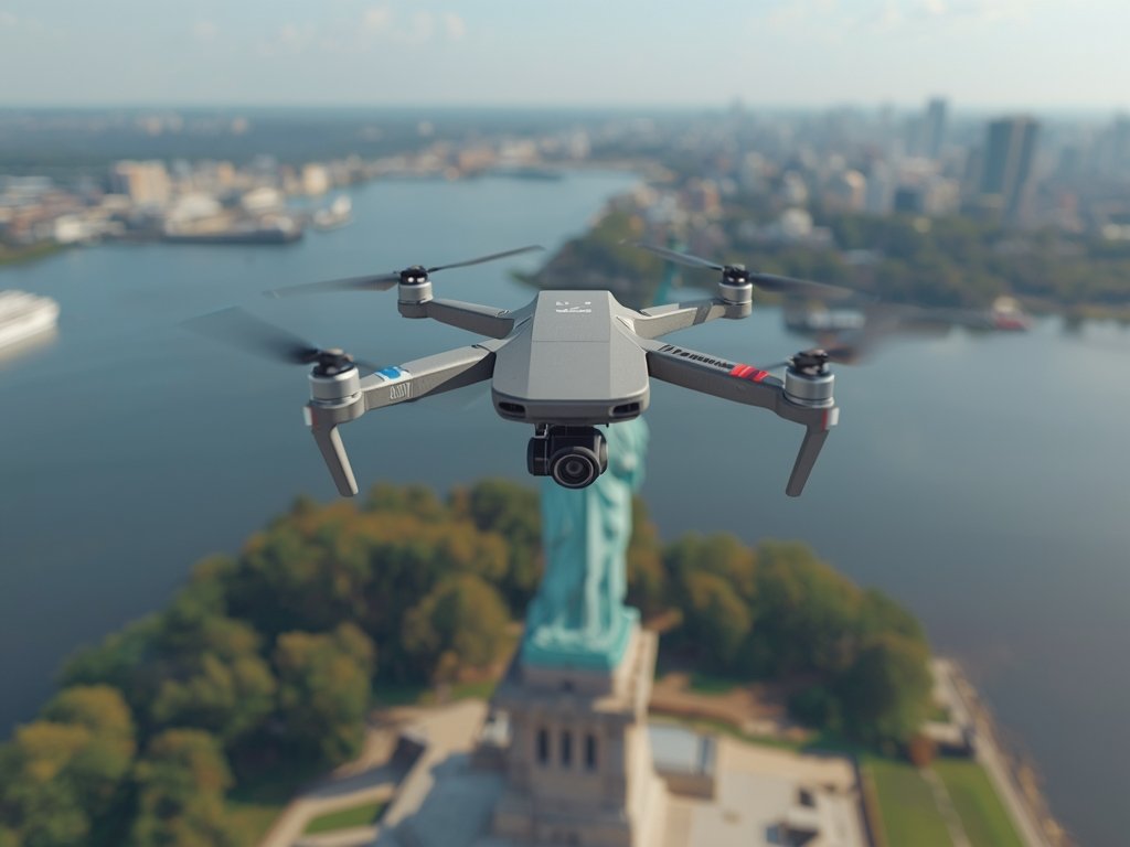 A photorealistic image of a drone flying over the Statue