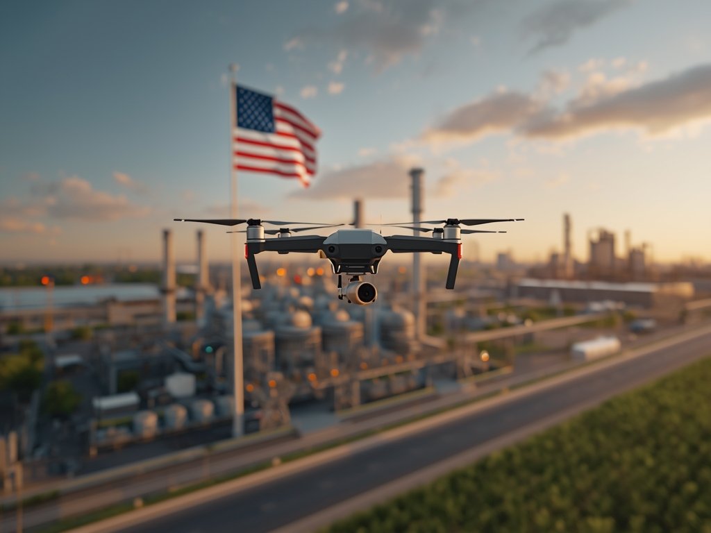 A photorealistic image of a drone inspecting a sprawling oil