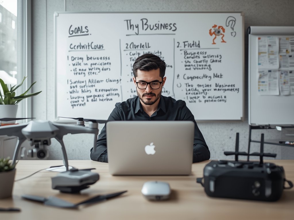 A photorealistic image of a drone business owner working on