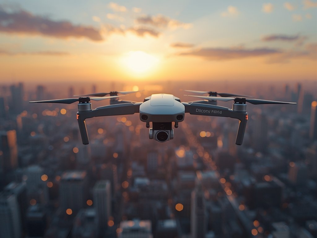 A photorealistic image of a drone hovering over a sprawling
