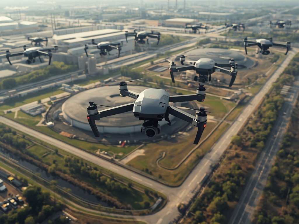 A photorealistic image of a drone swarm being used to
