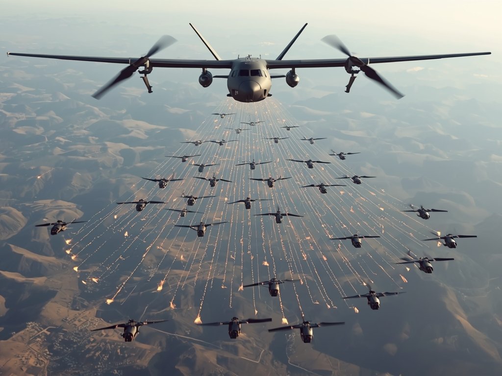 A photorealistic image of a drone swarm being deployed from