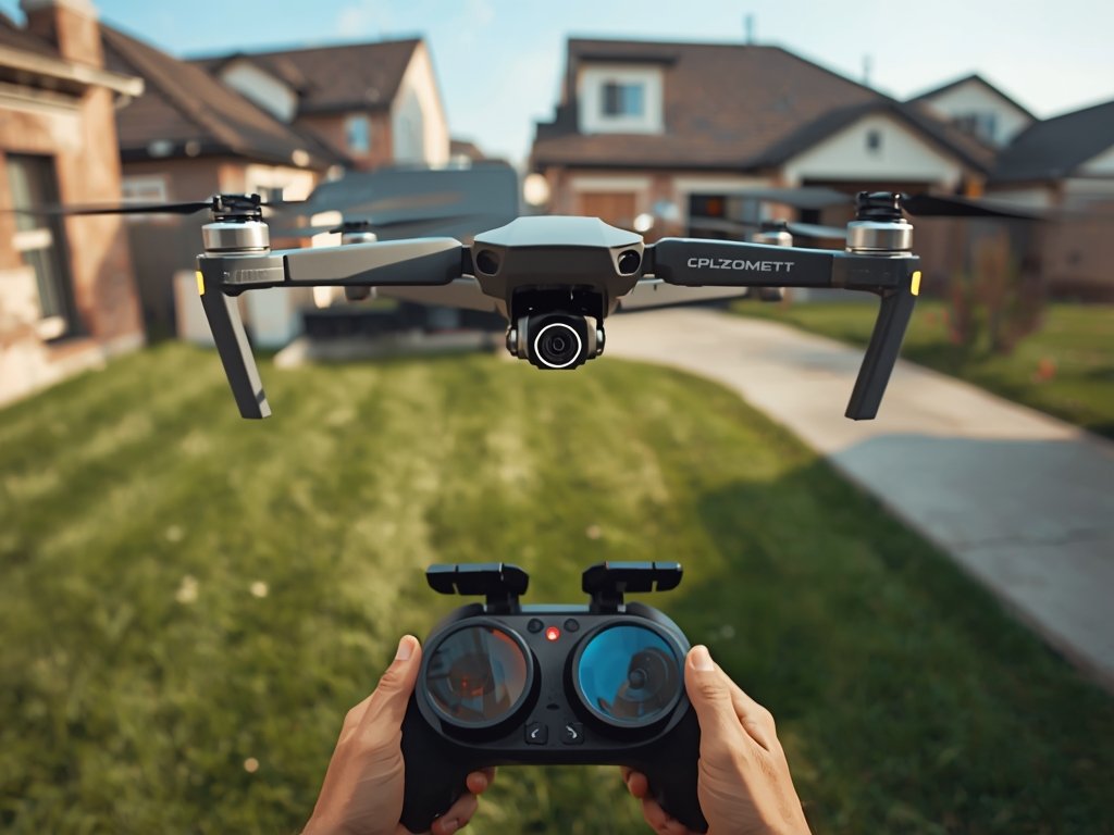 A photorealistic image of a drone hovering over a suburban