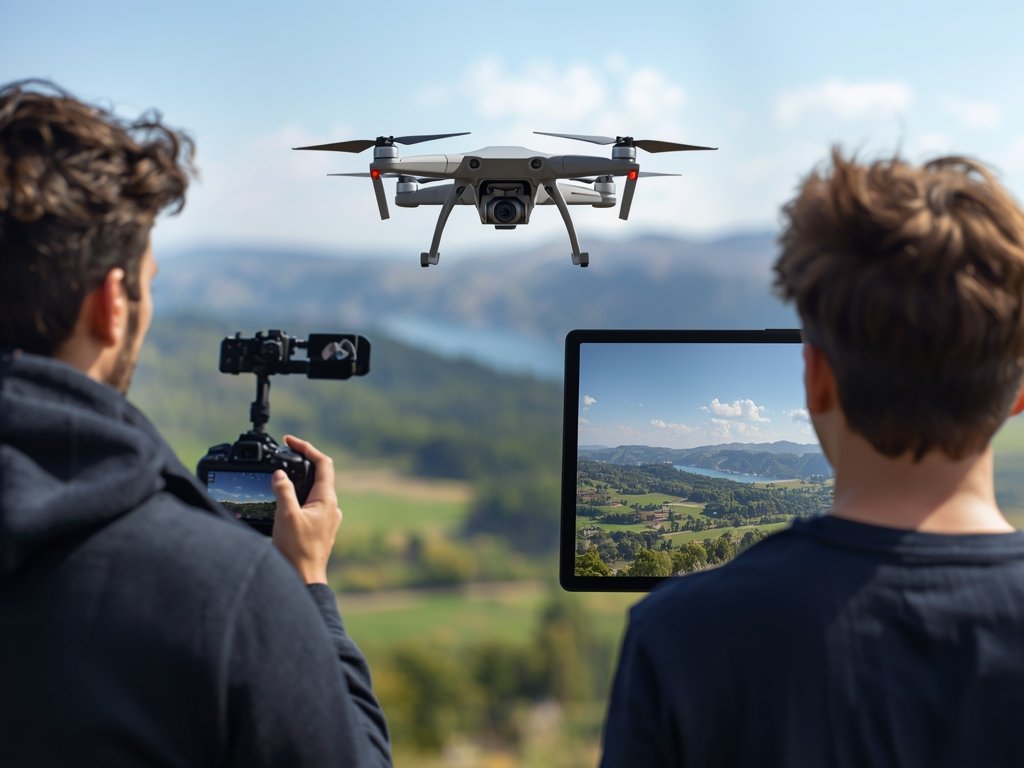 A photorealistic image of a drone capturing aerial footage of