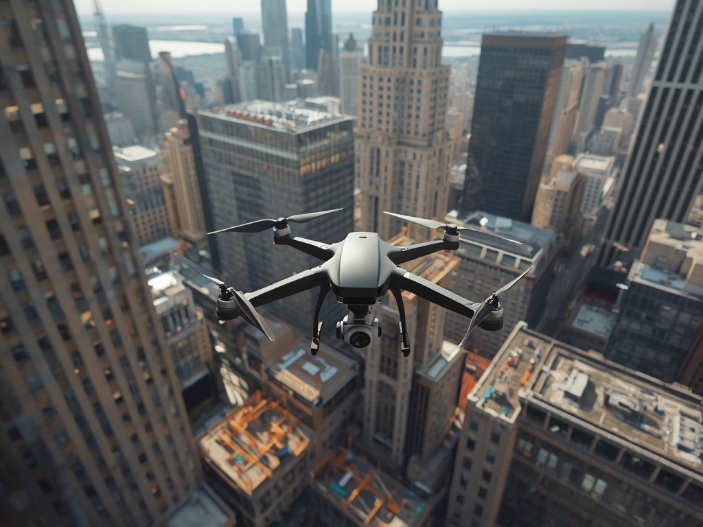 A photorealistic image of a drone surveying a sprawling construction
