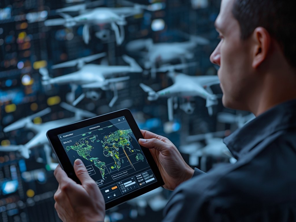 A photorealistic image of a drone fleet manager using a