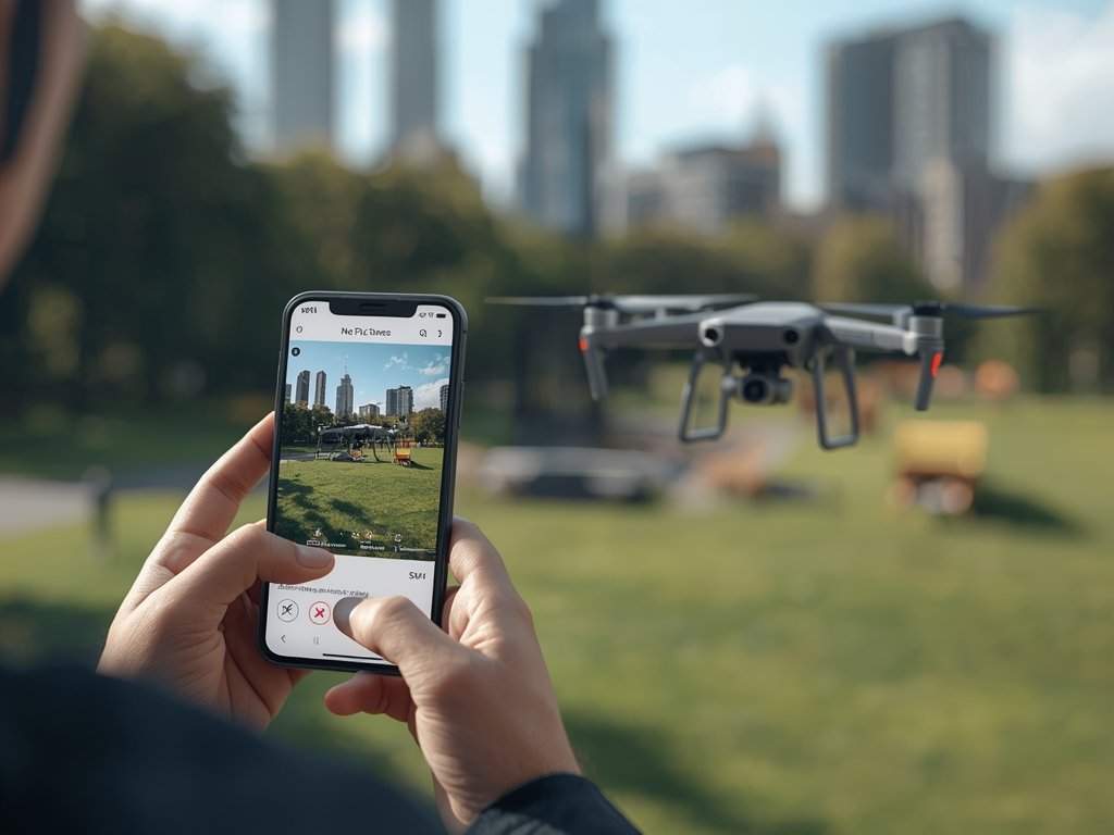A photorealistic image of a drone pilot using a smartphone