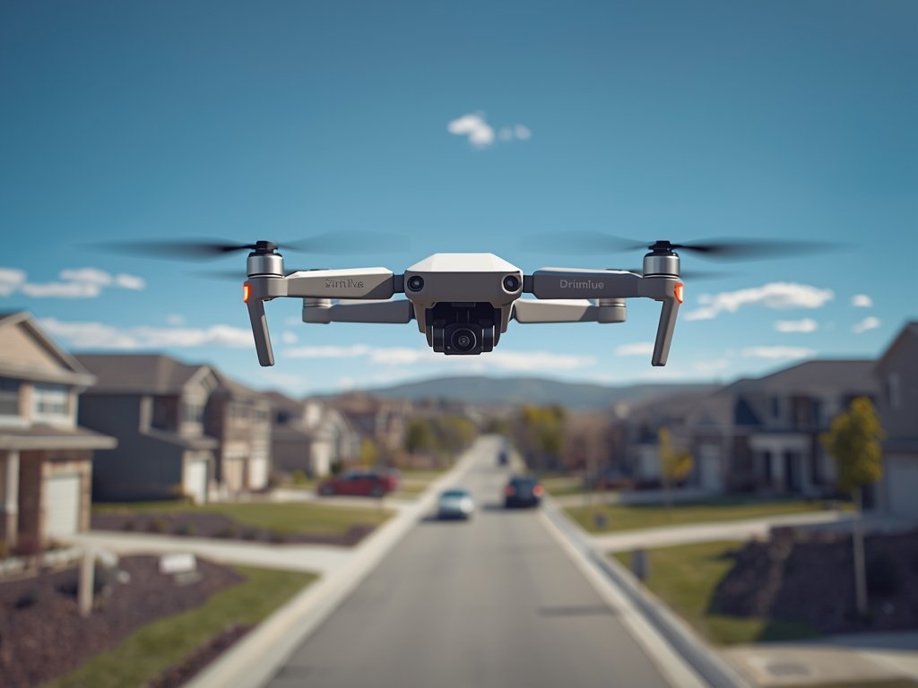 A photorealistic image of a drone flying over a suburban