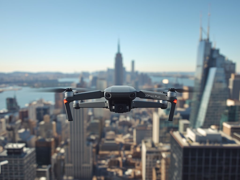 A photorealistic image of a drone capturing footage of a