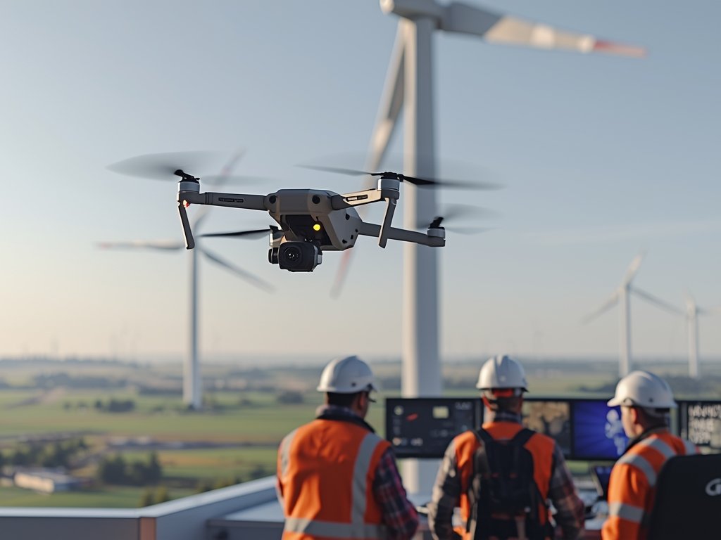 A photorealistic image of a drone inspecting a wind turbine,
