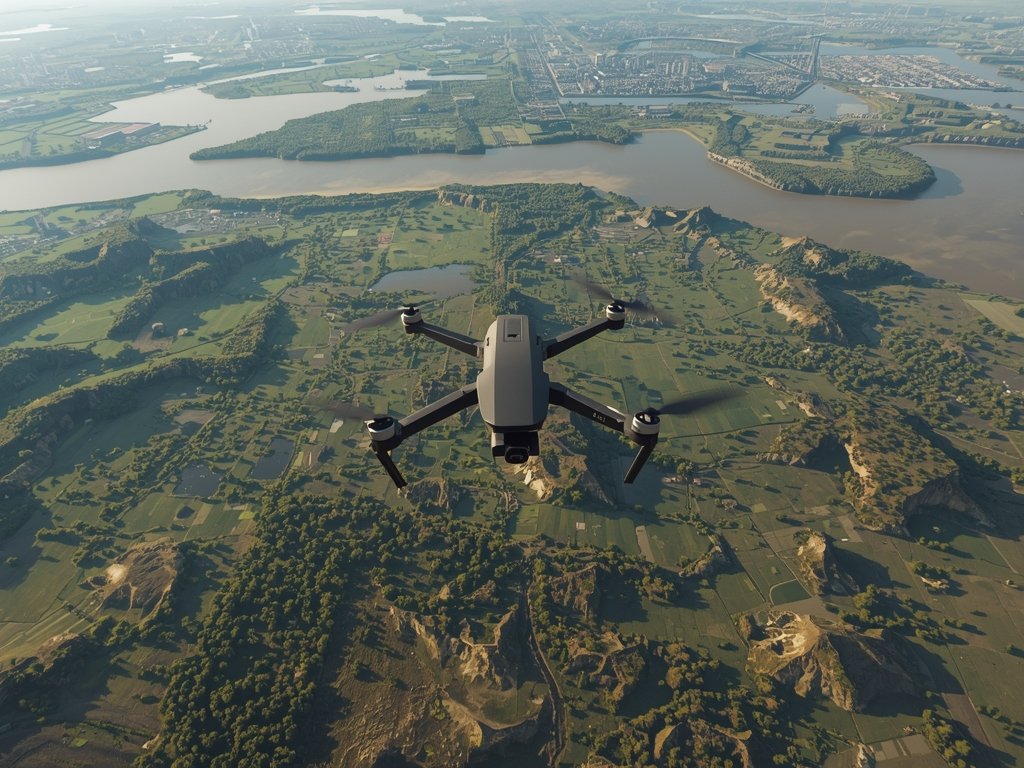 A photorealistic image of a drone flying over a diverse