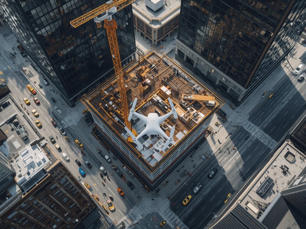 A photorealistic image of a drone hovering over a bustling