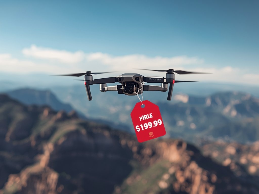 A photorealistic image of a drone hovering over a picturesque