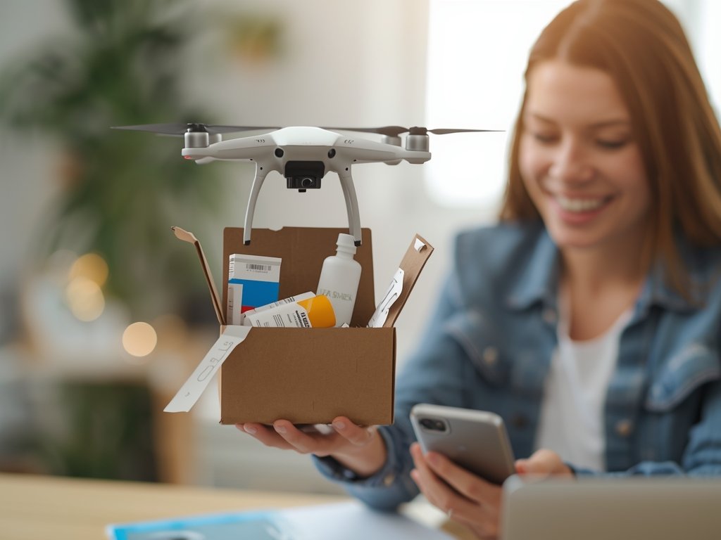 A photorealistic image of a drone delivering a small package