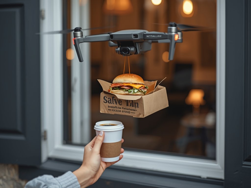 A photorealistic image of a drone hovering outside a window,
