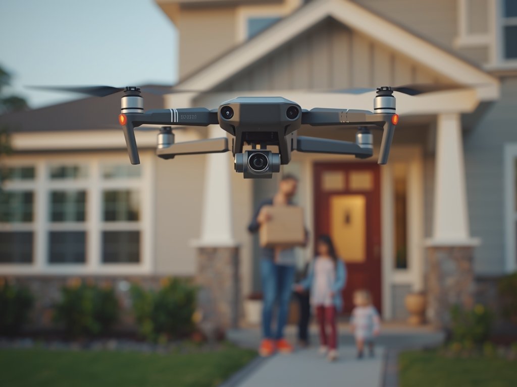 A photorealistic image of a drone delivering a package to