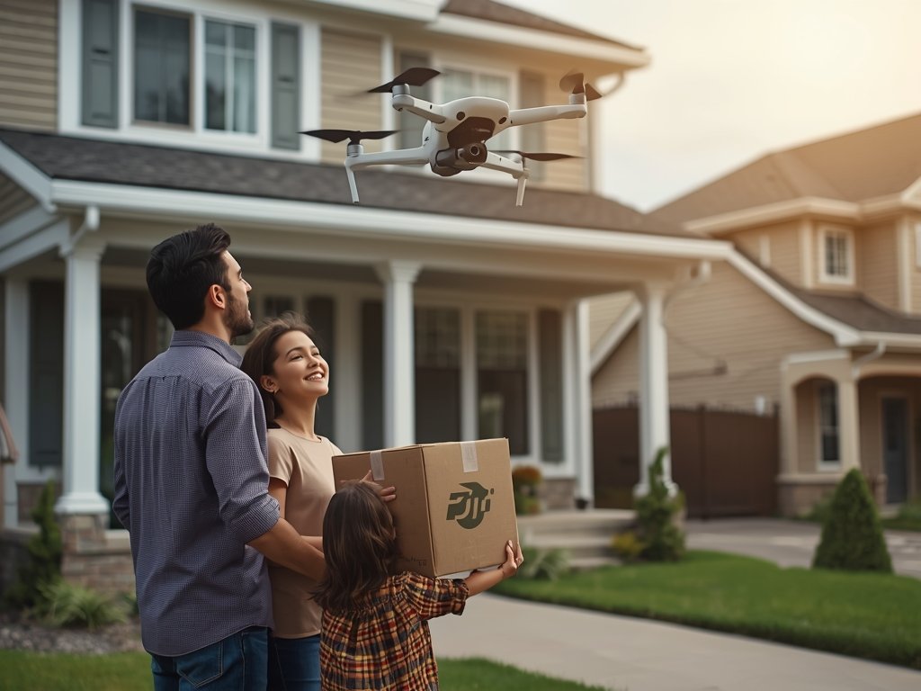 A photorealistic image of a family watching a drone deliver