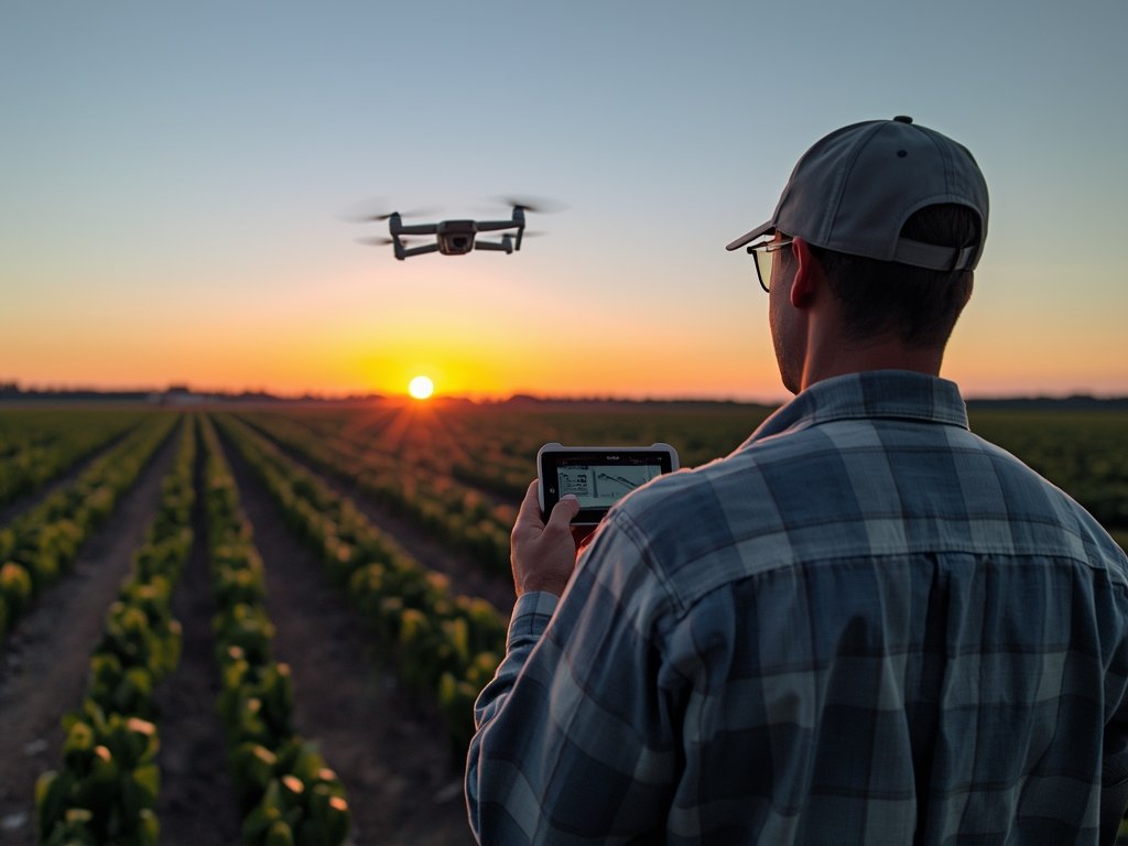 A photorealistic image of a farmer using a drone to