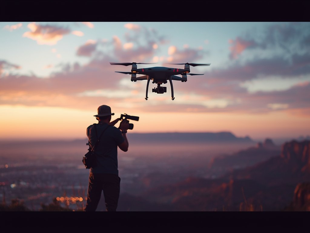 A photorealistic image of a film crew using drones to