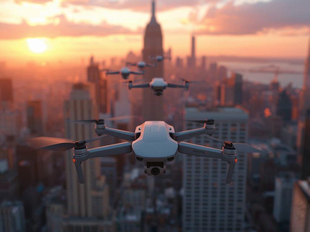A photorealistic image of a fleet of commercial drones flying
