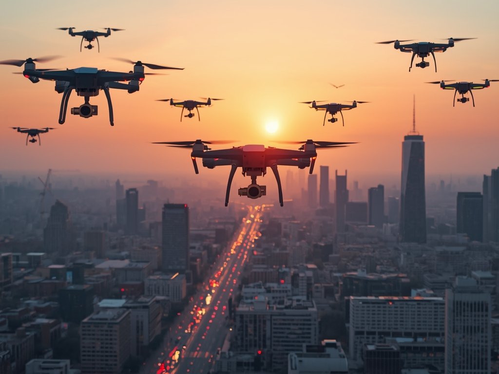A photorealistic image of a fleet of drones flying over