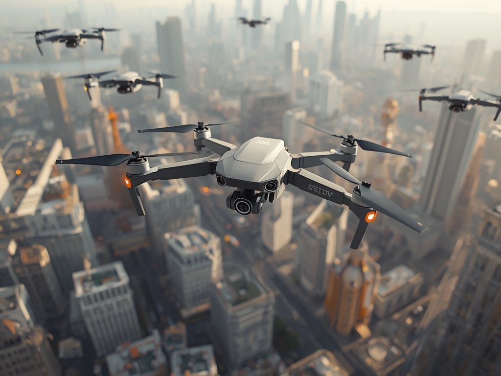 A photorealistic image of a futuristic cityscape with drones flying