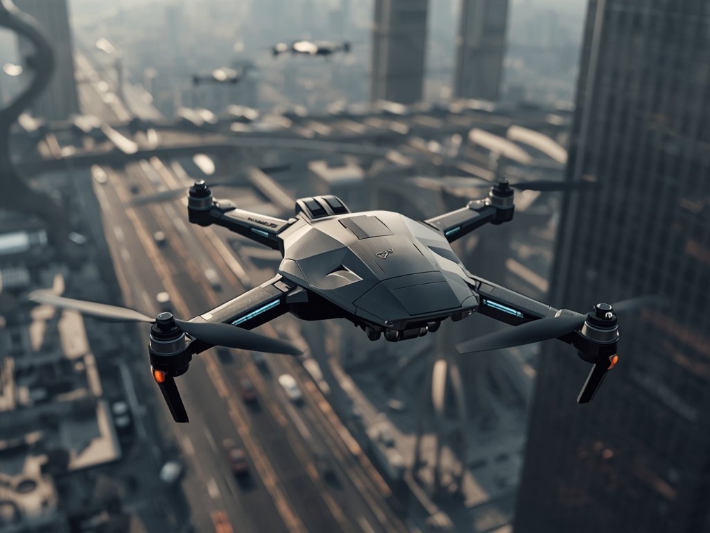 A photorealistic image of a futuristic drone concept, featuring a