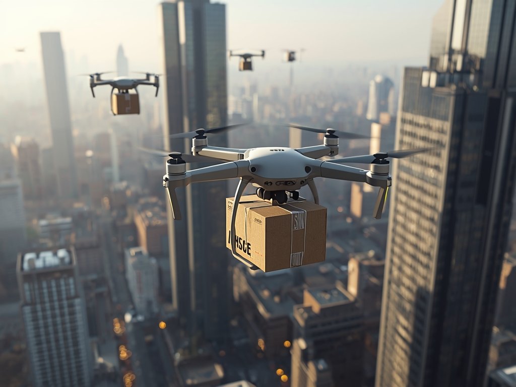 A photorealistic image of a futuristic cityscape with multiple cargo