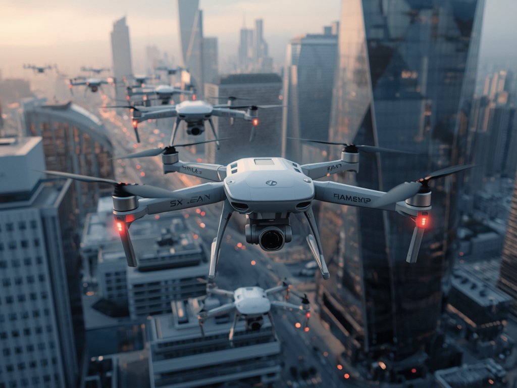 A photorealistic image of a futuristic drone fleet operating in