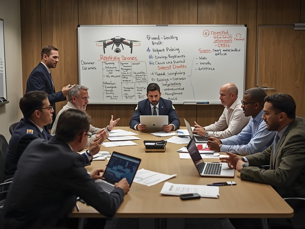 A photorealistic image of a group of policymakers, military officials,