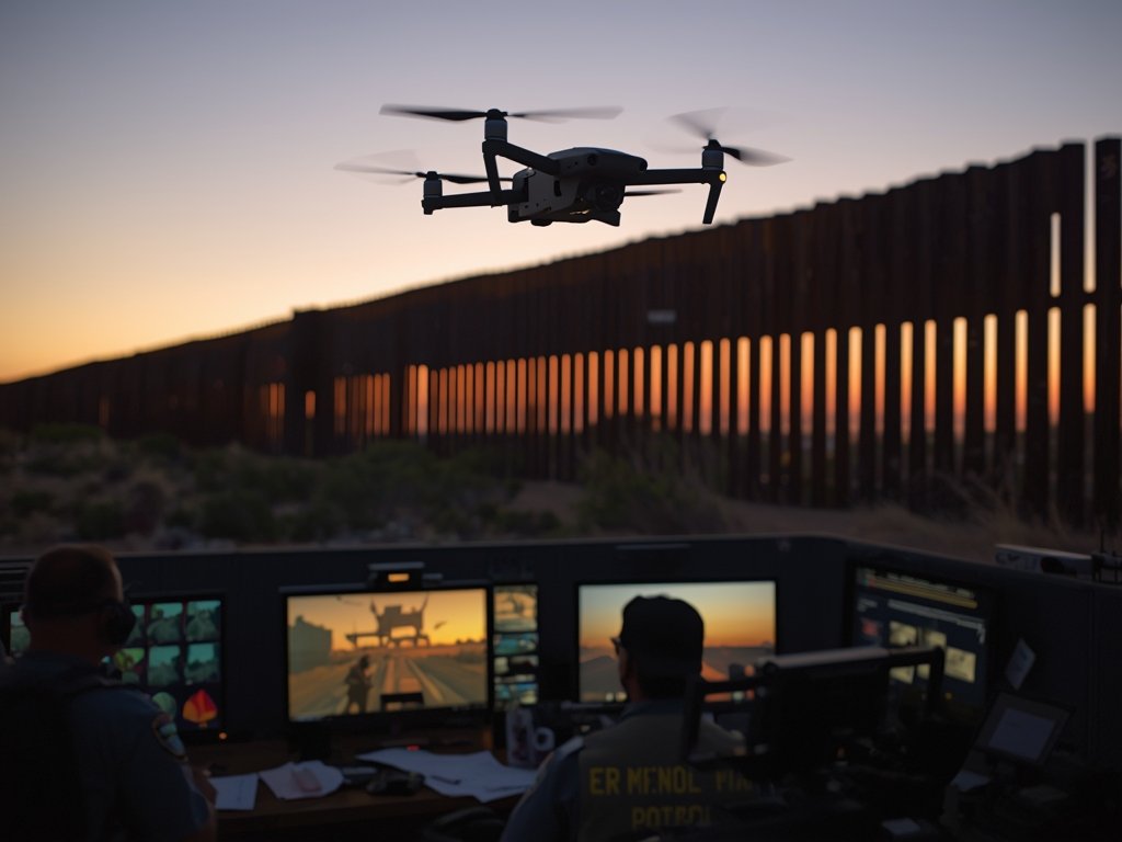 A photorealistic image of a military drone patrolling the US-Mexico