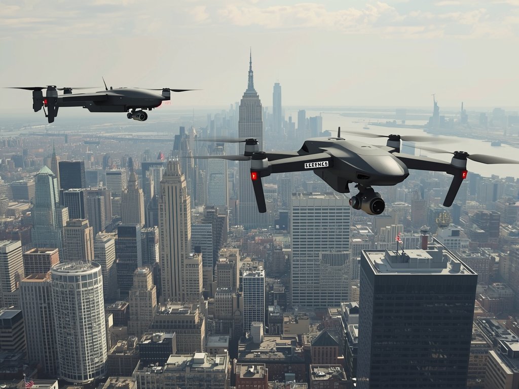 A photorealistic image of a military drone and a commercial