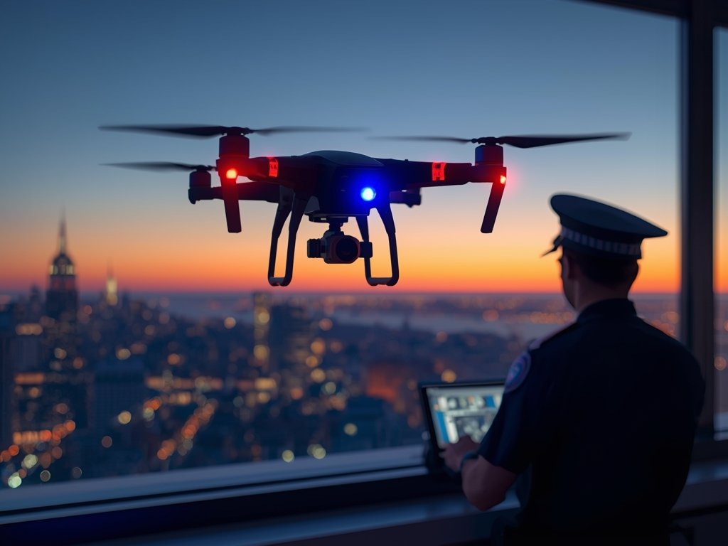 A photorealistic image of a police drone hovering over a