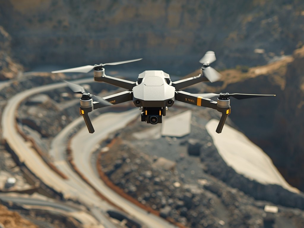 A photorealistic image of a rugged drone hovering above an