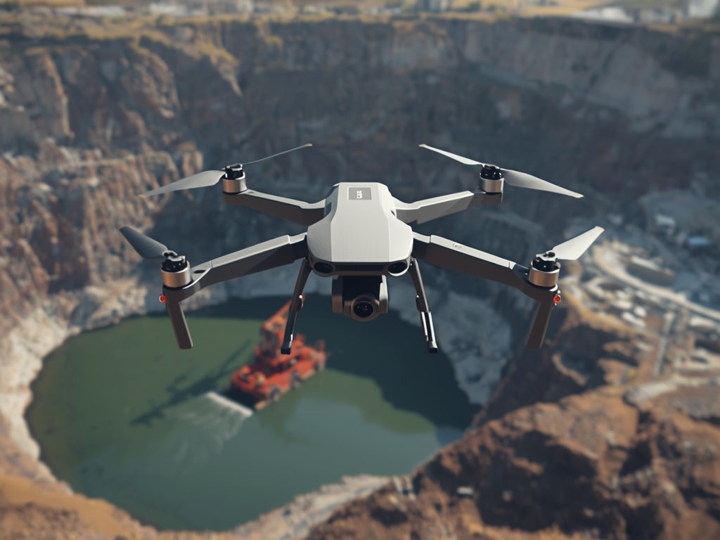 A photorealistic image of a rugged drone hovering above an