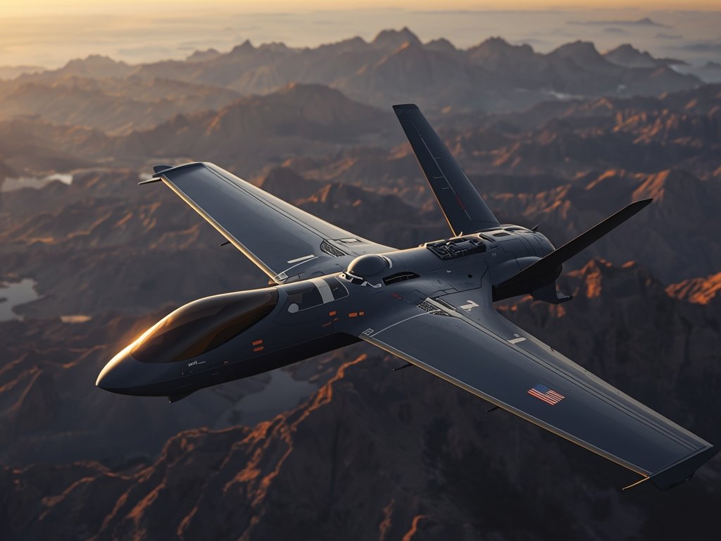 A photorealistic image of a sleek, futuristic military drone soaring