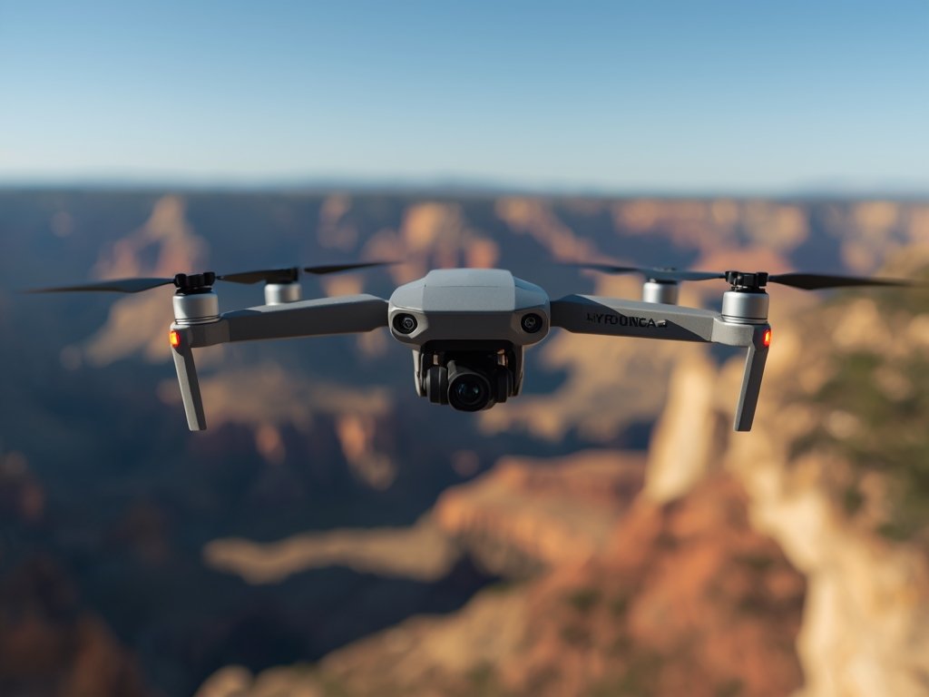 A photorealistic image of a sleek, professional drone hovering over