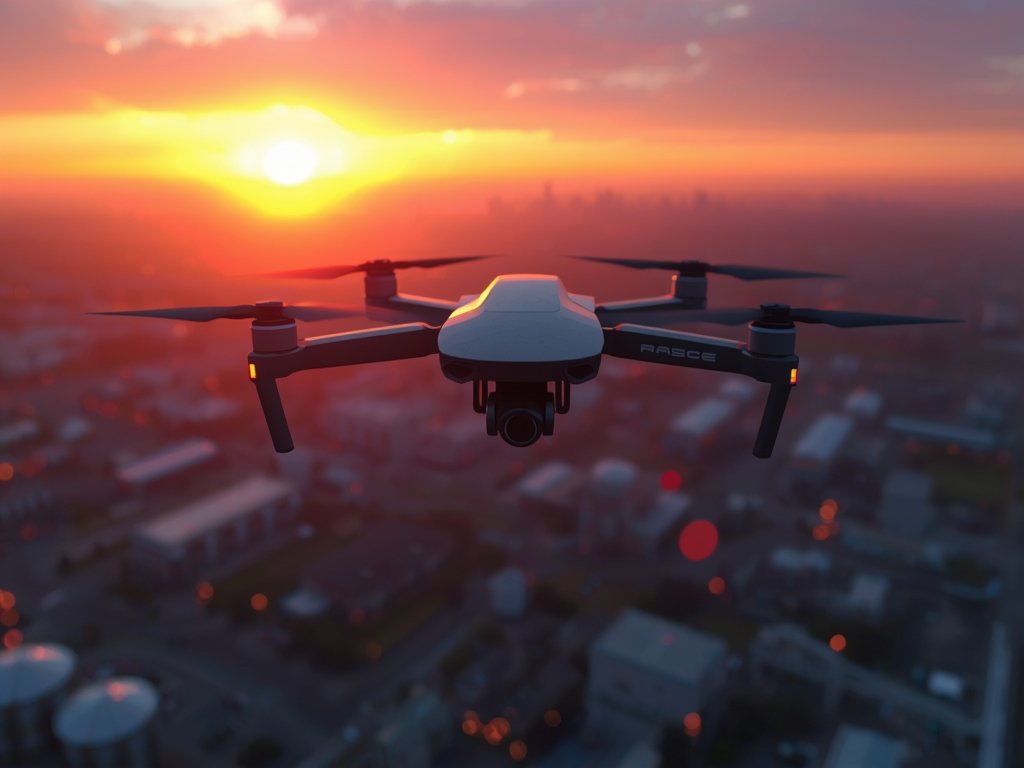 A photorealistic image of a sleek, modern drone hovering over