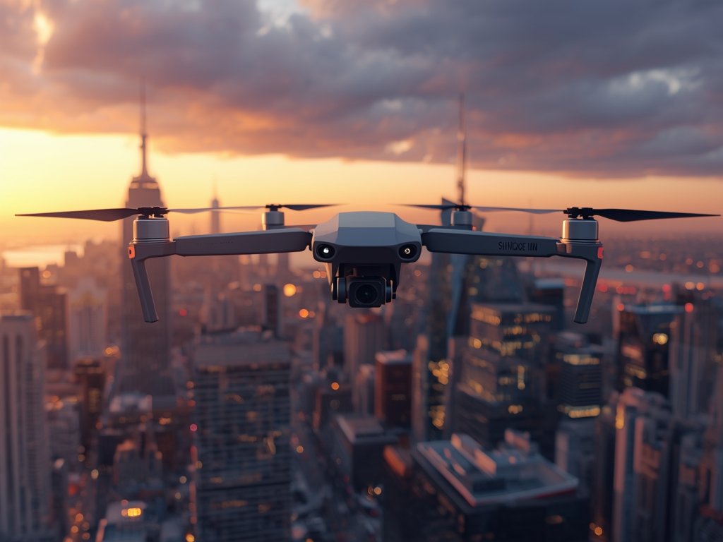 A photorealistic image of a sleek, high-tech drone hovering above