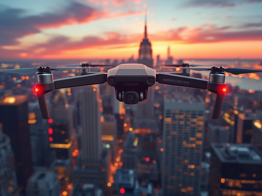 A photorealistic image of a sleek, futuristic drone flying over